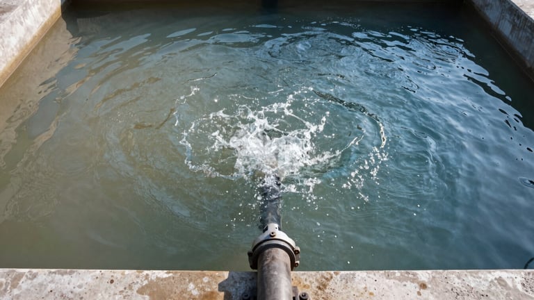 Close overhead shot of a rectangular treatment tank during active chemical dosing — water surface transitioning from turbid brown-grey on the left side to noticeably clearer blue-tinted water on the right, bubbling agitation visible near the dosing inlet pipe, concrete tank rim in sharp focus at the bottom edge, natural daylight from above, no people, no text overlays