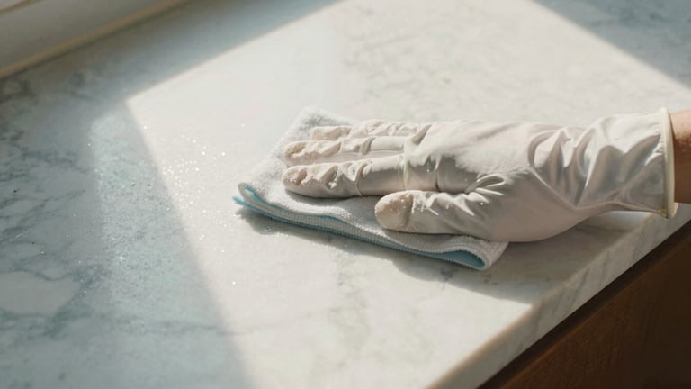 Close-up of a hand in a white glove wiping a polished marble surface, sparkling clean, bright natural daylight, warm tones, 35mm