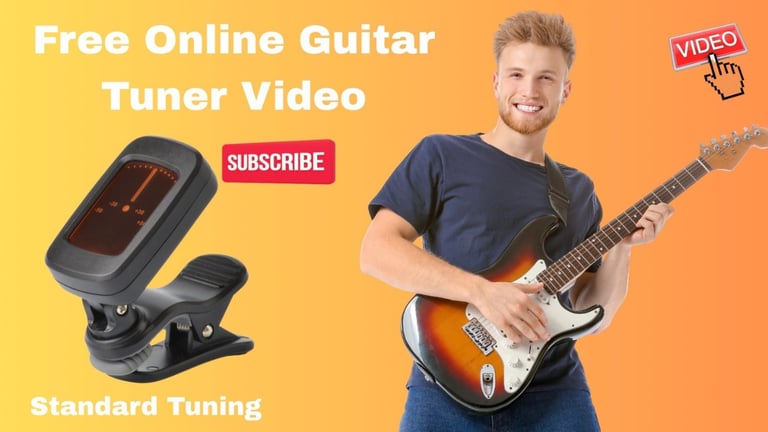 A man holding an electric guitar next to a digital clip-on tuner for a free online guitar tuning video.