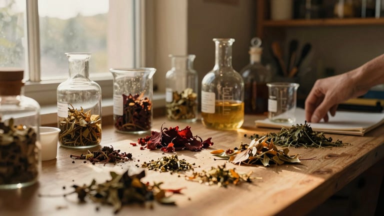 Wide shot of a cozy, sun-drenched blending studio, showing glass beakers, dried herbs, and natural light filtering through a window, with a subtle human presence (hands at work) in the background, low horizon.