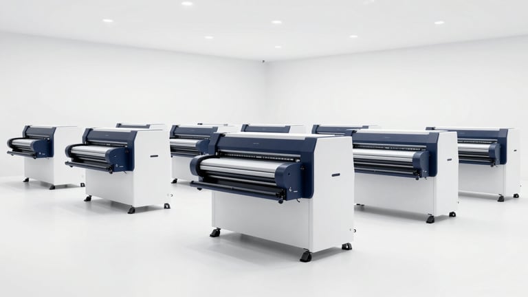 Wide panoramic shot of a pristine, modern digital printing facility, high-end industrial presses aligned in a bright minimalist space, cool studio lighting