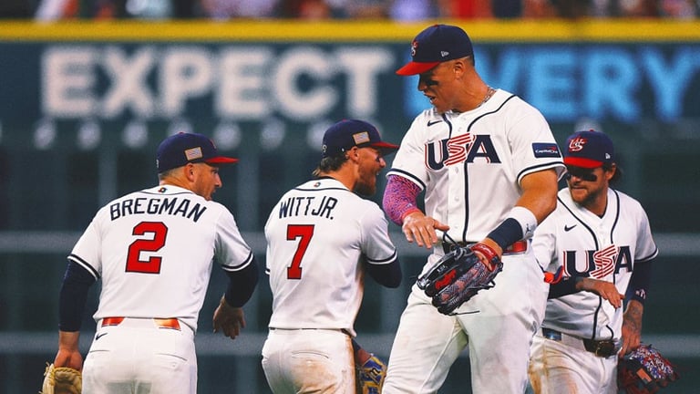 Alex Bregman, Bobby Witt Jr., Aaron Judge and another member. of Team USA during the 2026 WBC.