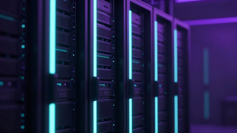 Close-up of server racks illuminated by sharp vertical neon cyan LED lights in an obsidian-black datacenter, dark futuristic 3d render, atmospheric haze