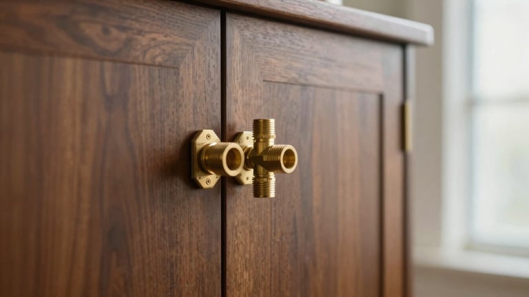 Close-up of custom brass fittings on a dark wood cabinet, warm editorial architectural photography, soft natural light.