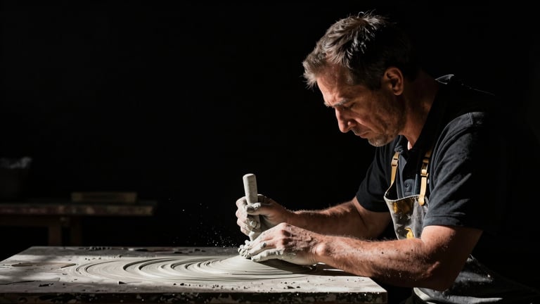 High-contrast portrait of master plaster craftsmen troweling wet plaster under raking side light, deep shadows, absolute black background, 35mm photography