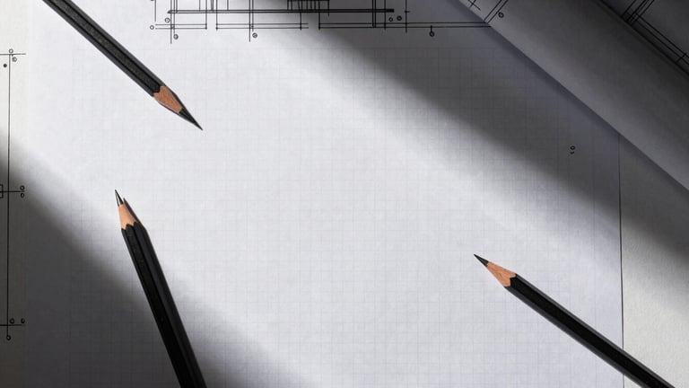 Top-down flat lay of a minimalist architectural workspace, technical drawing tools, sharp graphite pencils, and clean grid paper under high-contrast dramatic side-lighting.