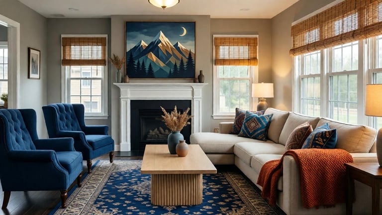 Mountain modern living room with natural materials, clean lines, and warm neutral palette