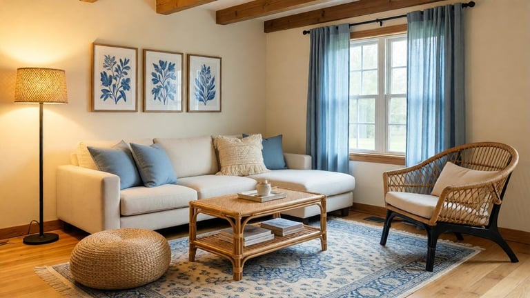 Rustic blue living room with blue and white inspiration, classic elegance, and timeless style