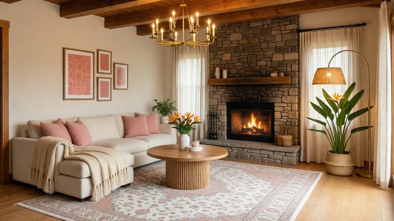 Cozy organic living room with warm organic tones, natural textures and inviting comfort