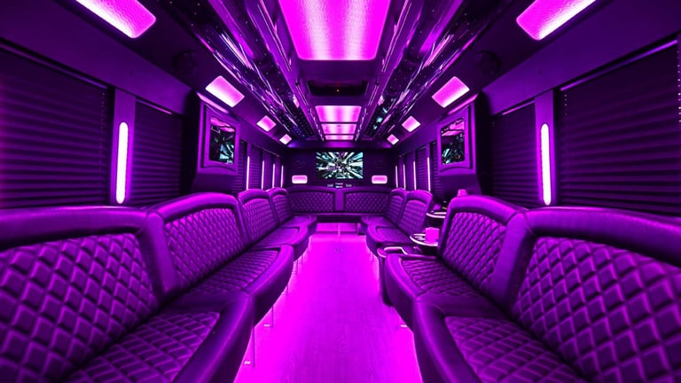 Luxury interior of party bus for weddings, special occsisions in NJ, NY, MA, CT and near by areas.