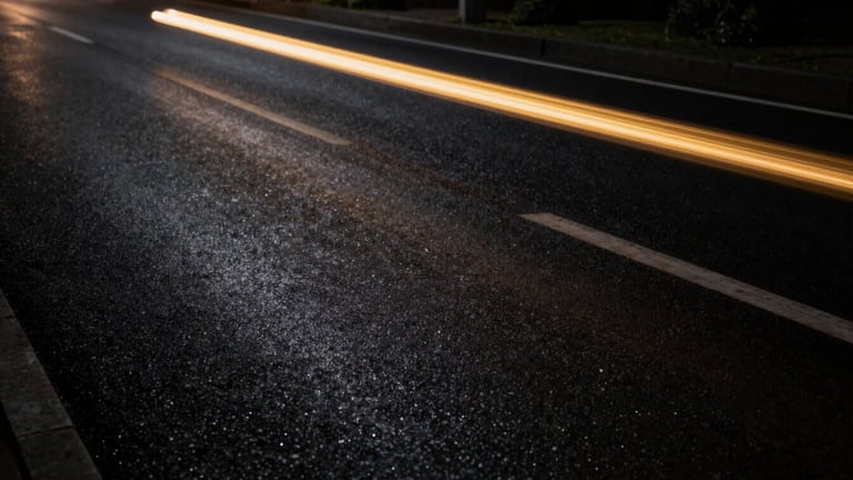 Dramatic close-up of dark wet asphalt road at night, glowing golden taillight streaks, sharp focus, low-key chiaroscuro lighting.