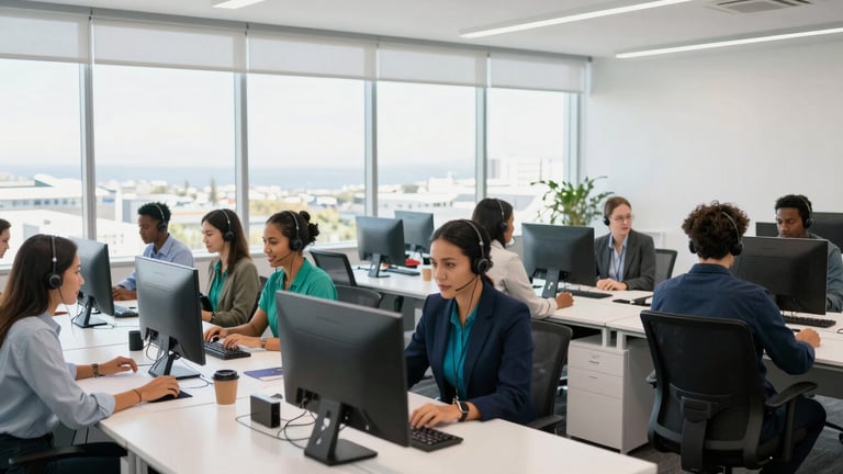 Wide environmental photo of a modern South African tech support office in Cape Town, bright natural daylight, diverse professionals collaborating, clean desks, 35mm lens