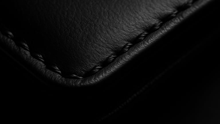 Macro close-up of a flawless black leather executive folio edge, showing pristine hand-stitched details, sharp directional chiaroscuro lighting, deep obsidian tones.