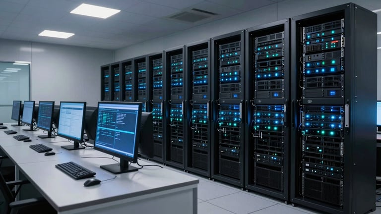 Wide-angle technical shot of a modern cybersecurity control room at night, glowing blue terminal screens, rack servers with blinking cyan LEDs, ultra-clean high-contrast composition.