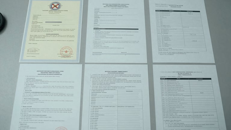 Overhead flat-lay of regulatory certificates, certificates of analysis, and compliance documents spread on a gray desk surface under cool daylight, batch codes visible, precise clinical arrangement