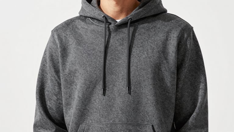 Bright editorial apparel photography of a model wearing a heavy-duty charcoal hoodie, clean industrial daylight, high-contrast crisp tones, 35mm medium format