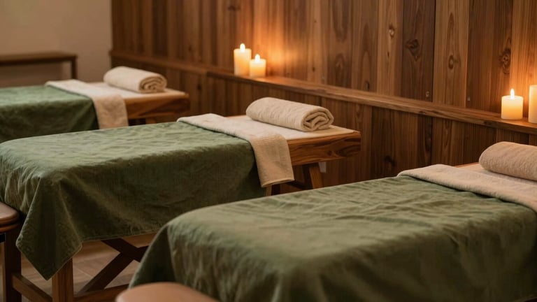 Serene teakwood treatment room with low-key warm golden lighting, flickering candles, soft forest green linens, clean and quiet environment, warm editorial photography