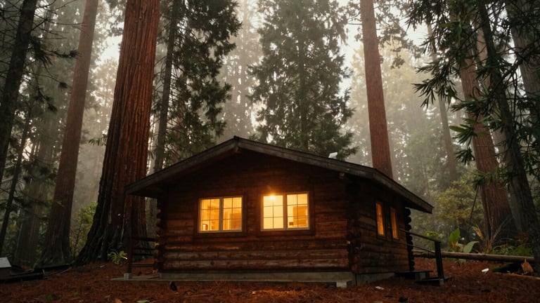 Wide-angle panoramic shot of a rustic wooden cabin nestled among towering redwood trees, soft morning fog, warm golden light glowing from the windows.