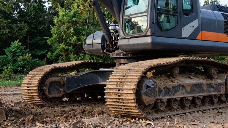 Close-up, low-angle heroic shot of a clean, branded excavator's tracks and lower body, operating on freshly graded earth, crisp morning daylight, deep forest green and charcoal gray tones, sharp details, 35mm.