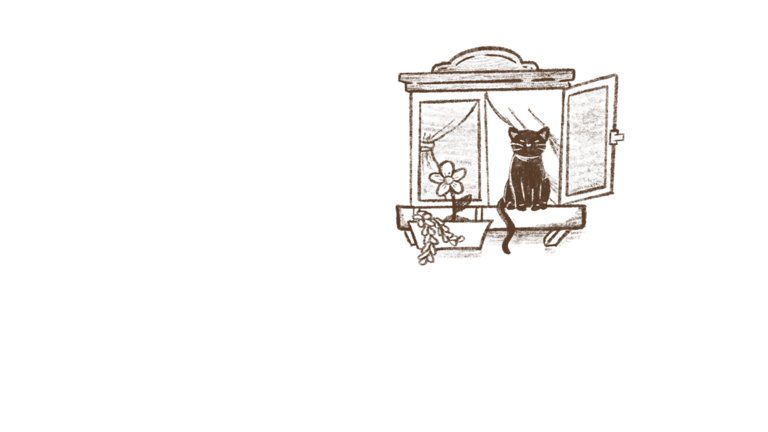 Hand-drawn sketch of a black cat sitting in an open window next to a flower pot.