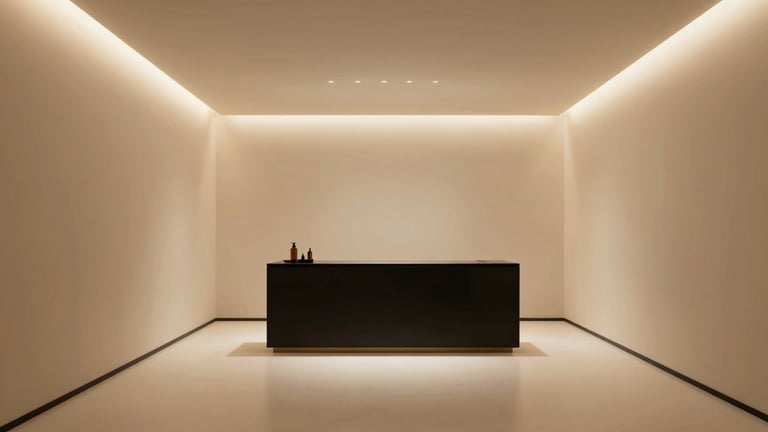 Wide panoramic view of a luxurious minimalist aesthetic clinic interior, warm champagne-gold accents, soft directional lighting, clean lines, serene atmosphere, 21:9 frame