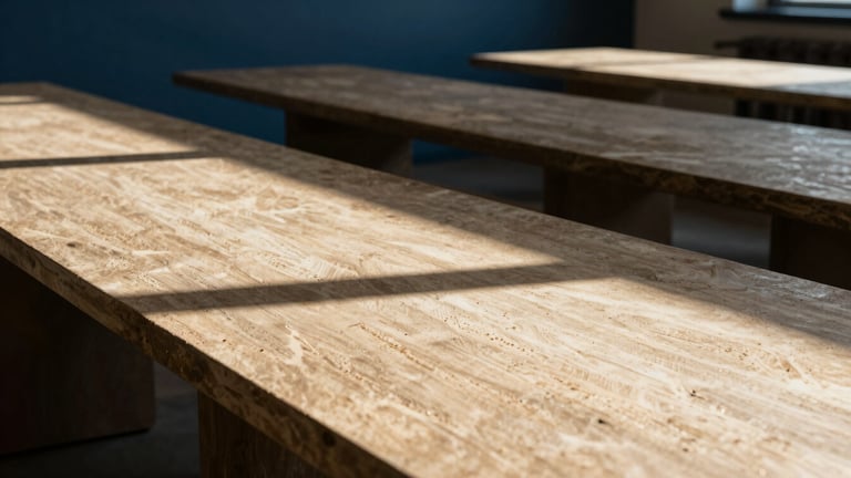 Wide-angle architectural detail of a modern regional meeting space, sharp natural sunlight casting long shadows across a large stone table, warm sand tones