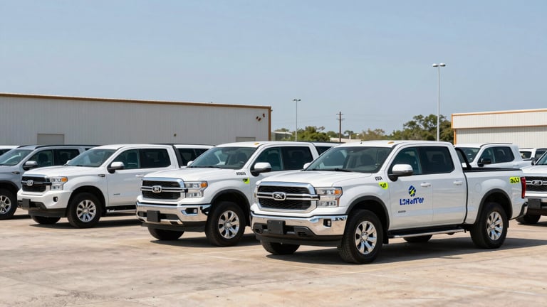 Branded ACH Safety Group fleet vehicles, pickup trucks and SUVs, parked in a row at a Cypress, Texas industrial yard under clear midday sun, ready for deployment, high-visibility accents.