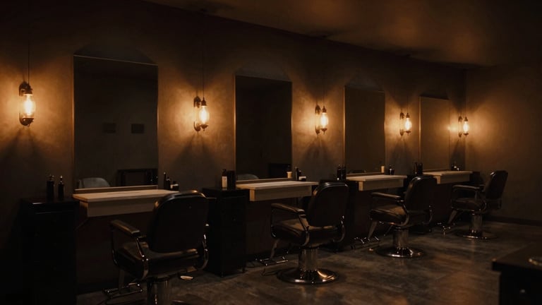 Wide environmental shot of a minimalist, dark-toned barber salon at dusk, warm incandescent lamps casting soft amber pools, empty and serene, 35mm photography