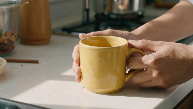 Close-up of hands holding a warm mustard yellow ceramic mug over a messy kitchen counter, bright indirect sunlight, soft shadows, 35mm film style.