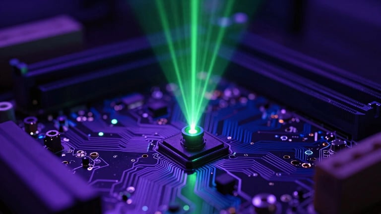 Macro close-up of a high-end motherboard with glowing violet and deep blue circuits, illuminated by a single sharp beam of lime-green laser light, dark editorial photography, 35mm