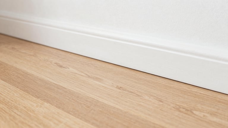 Macro detail of a pristine, shining hardwood floor meeting a clean white baseboard, bright natural daylight, high clarity, premium finish.