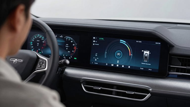 Over-the-shoulder shot of a clean, modern dashboard with technical data visualizations, cool lighting, precise layout