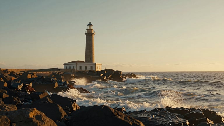 Cinematic wide shot of Cabo de Palos lighthouse at golden hour, warm Mediterranean light, slow ocean waves crashing on dark rocks, negative space to the right.