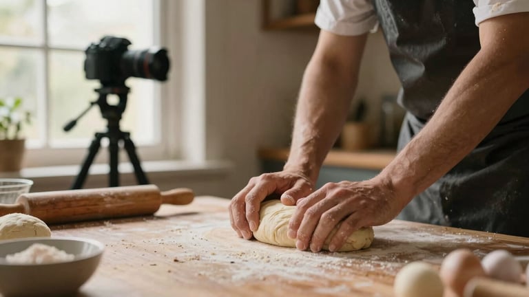 Camera on a tripod in a rustic kitchen, natural window light, capturing a chef's hands kneading dough, warm editorial food photography, shallow depth of field, 35mm film