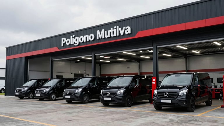Wide panoramic shot of the exterior of a clean modern industrial nave in Polígono Mutilva, overcast daylight, commercial delivery vans parked outside, professional automotive workshop setup
