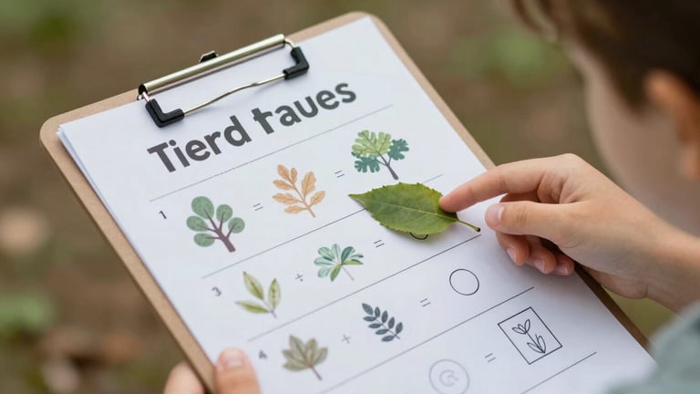 A close-up shot of a hand holding a printed nature worksheet on a clipboard, a child pointing at a leaf in the background, soft outdoor daylight.