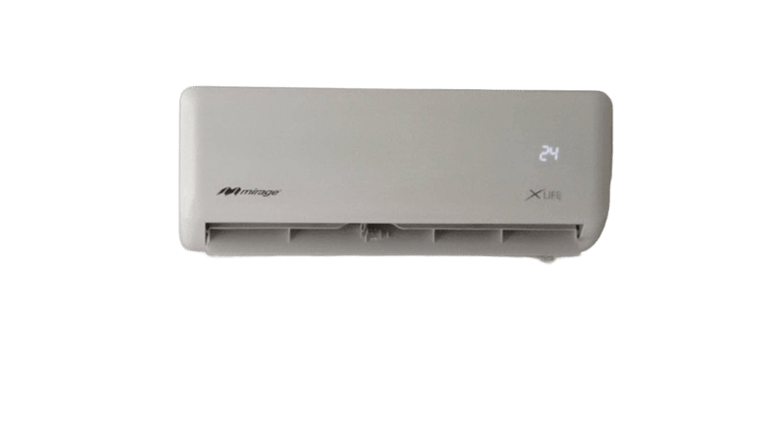 Unidad de aire acondicionado minisplit blanco Mirage X Life que muestra una temperatura