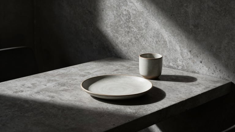 Minimalist empty table setting in a modern concrete bistro, dramatic side-lighting casting long shadows, a single ceramic cup, 50mm lens