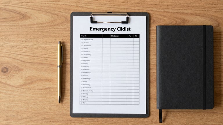 Overhead view of a clean wooden desk with a structured emergency checklist on a clipboard, a gold pen, and a black notebook, neutral studio lighting, architectural symmetry.