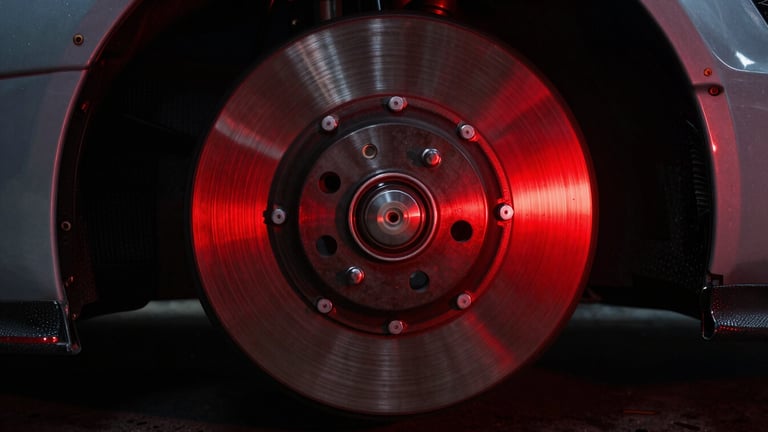 Tight macro shot of a glowing red brake rotor on a race car wheel, dark garage background, dramatic lighting, motion blur.