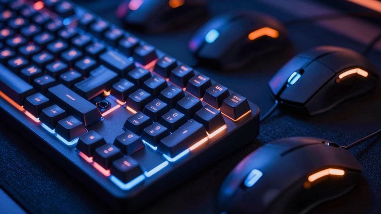 Extreme close-up of mechanical keyboards and glowing optical mice under cool blue and neon orange ambient LED light on a dark tournament stage, sharp focus, 35mm