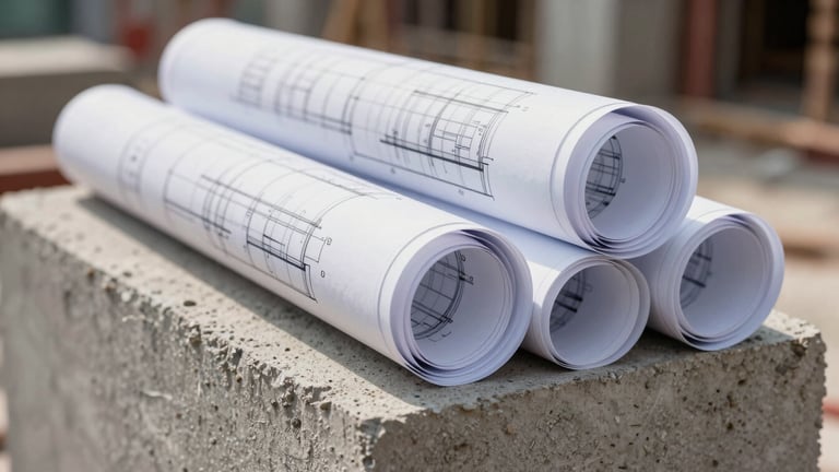 Close-up macro shot of rolled architectural blueprints resting on a raw concrete block on an active Indian construction site, sharp focus, 35mm lens.