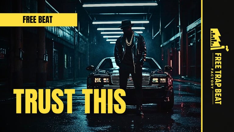 Cinematic trap beat thumbnail, man in leather jacket and luxury car in dark neon alley, "TRUST THIS" yellow text.