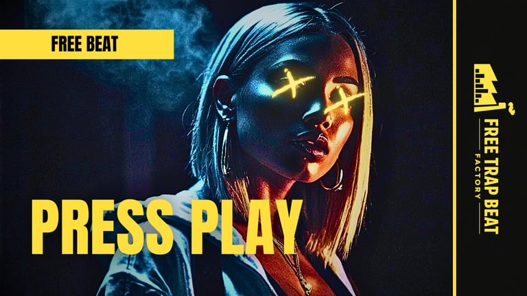Urban hip hop thumbnail, woman with glowing yellow eyes and smoke effect, "PRESS PLAY" bold typography.