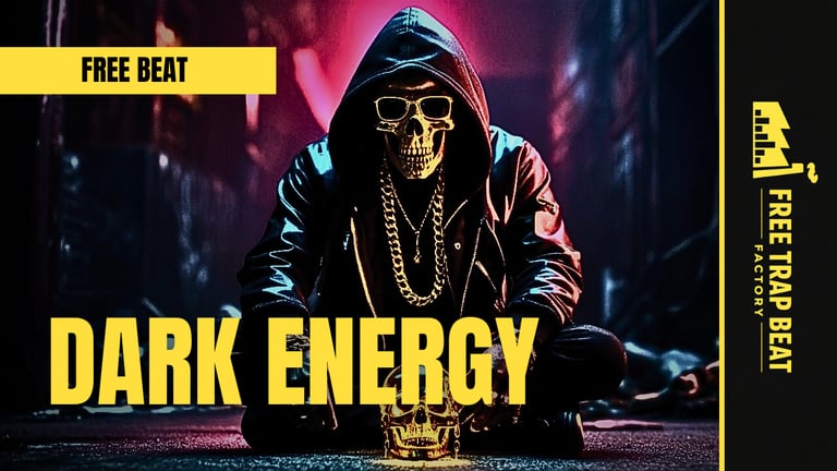 Dark trap type beat art, hooded skull figure with gold chains and red/blue lighting, "DARK ENERGY" t