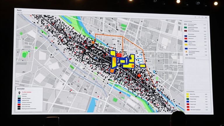 High-contrast, utilitarian overhead shot of a technical venue map with overlaid heat-map data, showing crowd flow and strategic medical deployment points, clean sans-serif annotations, 35mm lens
