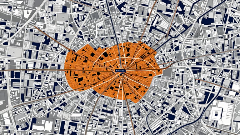 Wide panoramic map of London with a highlighted coverage area, showing key landmarks and transport routes, clean, high-contrast, deep navy and orange tones, 35mm
