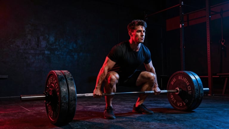 Low-angle heroic shot of an athlete performing a heavy deadlift, intense focus, high-contrast shadows, red and blue neon accents