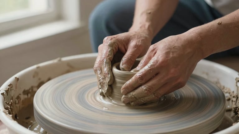 Close-up of potter's hands shaping raw terracotta clay on a kickwheel, soft directional window light casting gentle shadows, earthy neutral tones.
