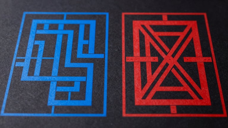 Top-down flat lay of two blueprint-like CAD drawings on a dark background. One drawing shows perfectly clean, closed vector paths in electric blue. The other drawing, next to it, shows overlapping, self-intersecting red vector paths with small gaps, highlighting common errors. High-contrast studio lighting, crisp depth of field.